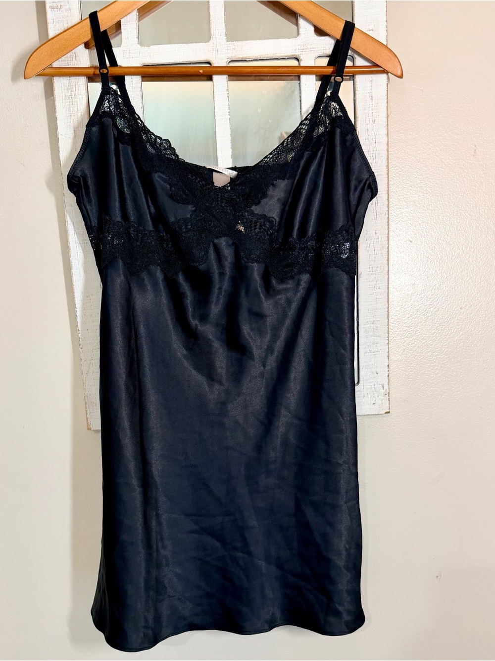 Victoria's Secret Black Satin Lace Babydoll Slip Dress Lingerie Size L NWT
